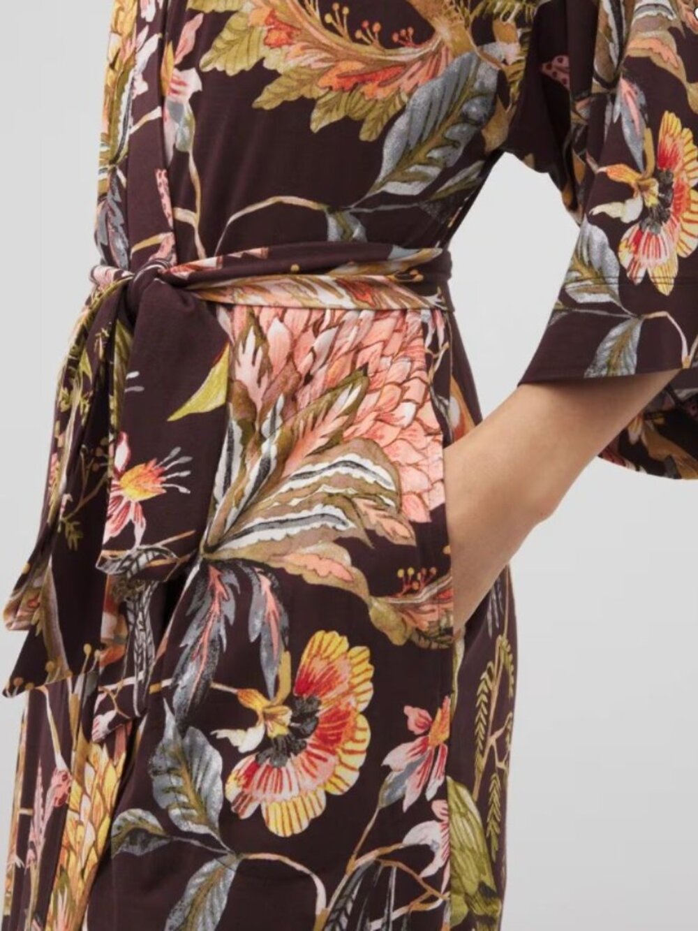 Soma "Cool Nights" Chocolate Brown Tropical Print Kimono Robe L/XL - Picture 4 of 14